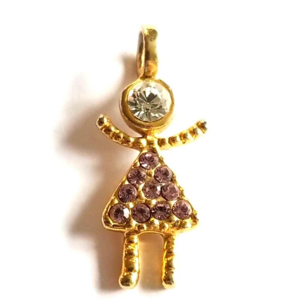 Girl pendant gold tone charm pink clear rhinestones daughter child granddaughter